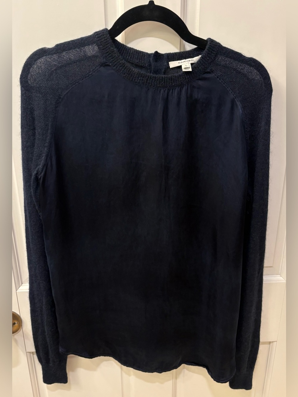 Carven mixed media sweater alpaca wool cupro navy blue, Large